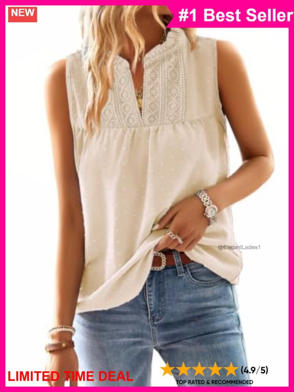 V-Neck Swiss Dot Tank Top with Crochet Lace Sleeveless